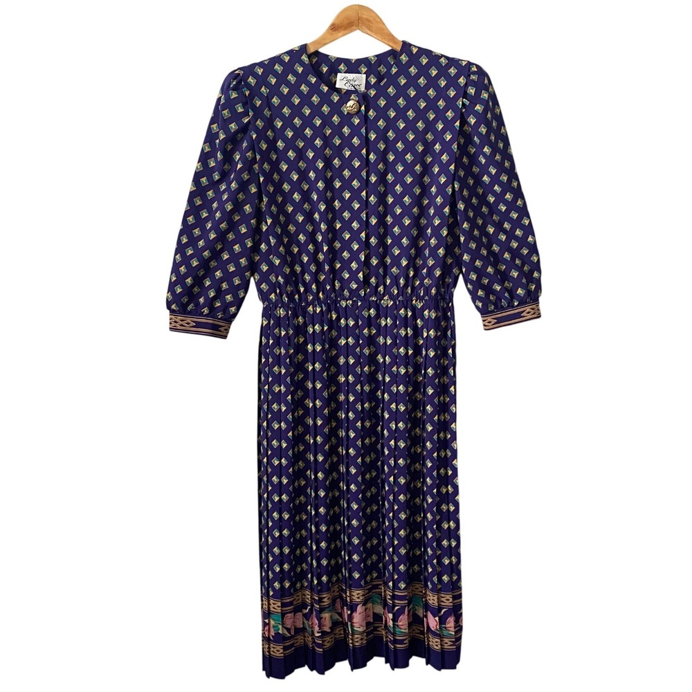 Lady Carol of New York Vintage 80s Purple Geometric Floral Pleated‎ Midi Dress